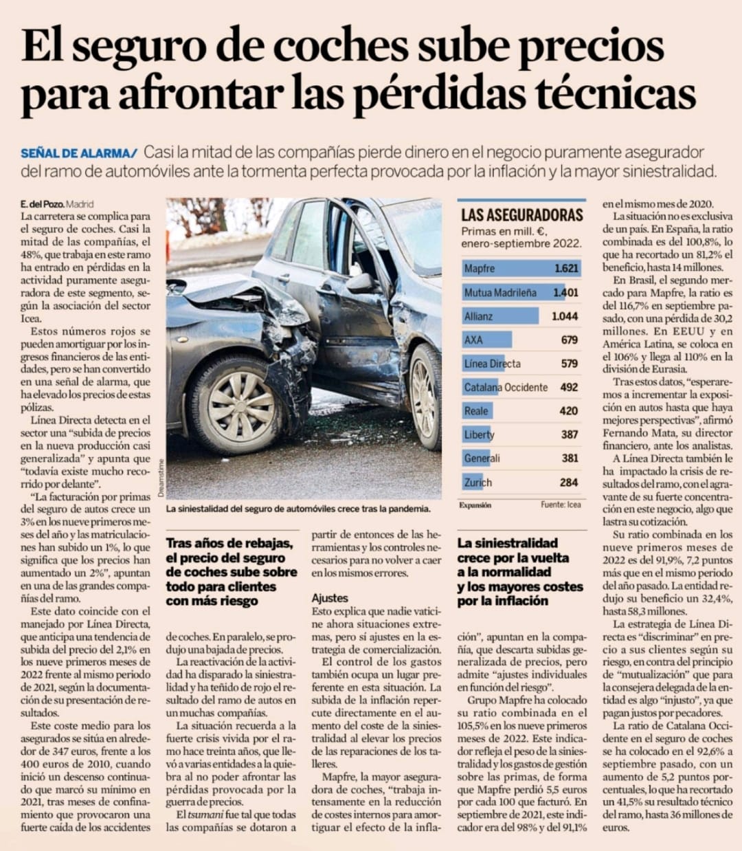El seguro de coches sube precios para afrontar las péredidas técnicas